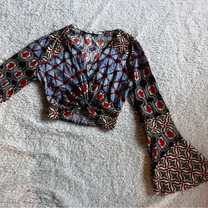 ZARA Midriff Cropped Top Twist Bell Sleeves Open Front Patchwork Boho Festival S